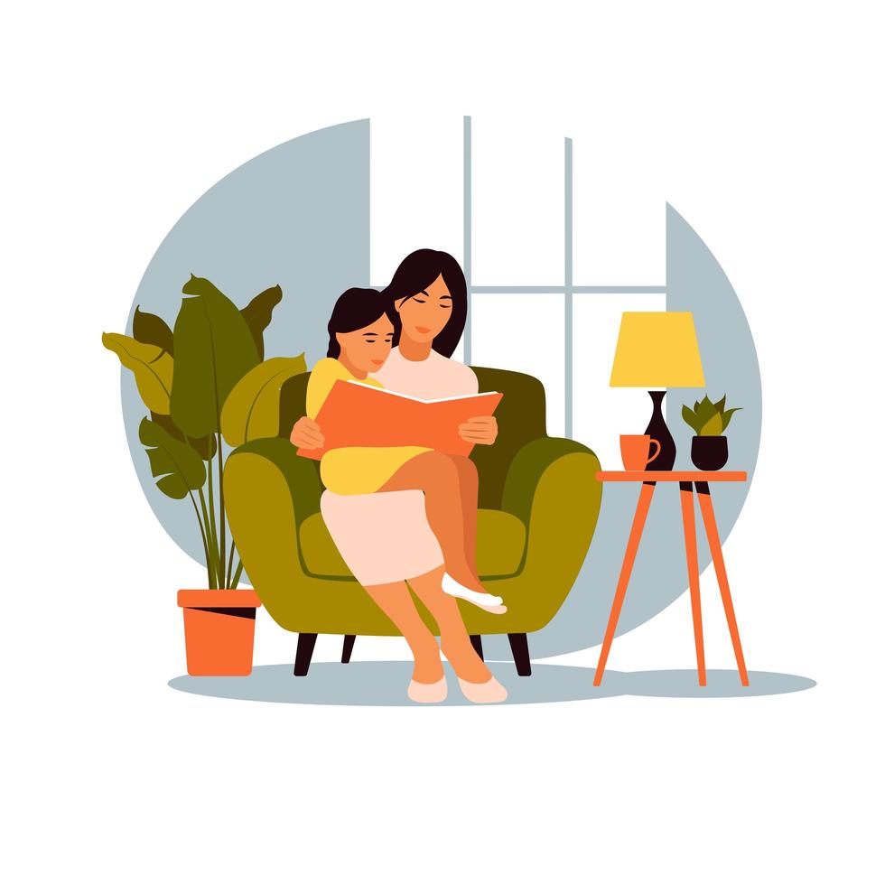 mom reading for daughter sitting on the sofa with book illustration of a flat design vector